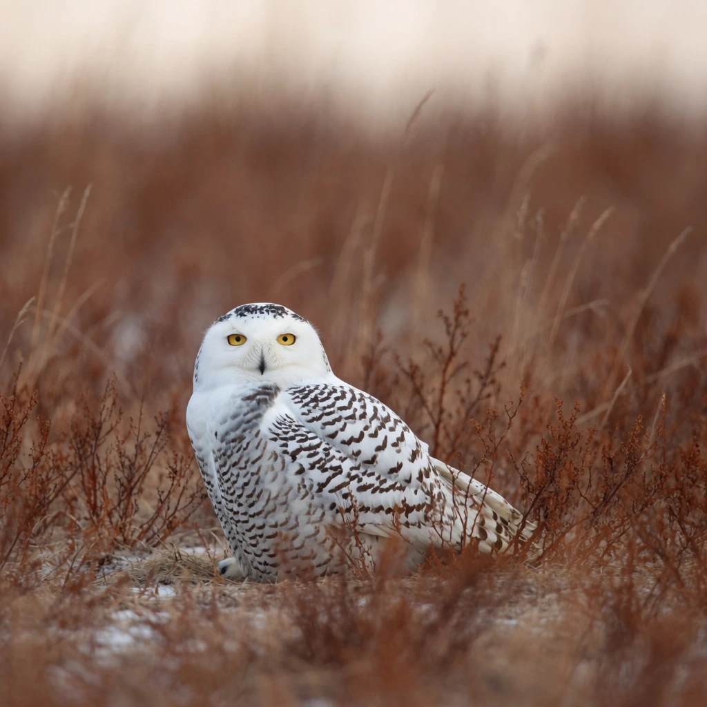 A snowy owl rests amidst a field of dry rust-colored grasses, its stark white plumage densely speckled with dark barring. The bird's vibrant yellow eyes stare directly forward above a small dark beak. Brittle brown vegetation surrounds the owl, with patches of pale ground beneath. Captured with a telephoto lens and shallow depth of field, the background dissolves into a soft, blurred wash of earthy browns and hazy sky, isolating the crisp white bird within the warm, textured landscape.