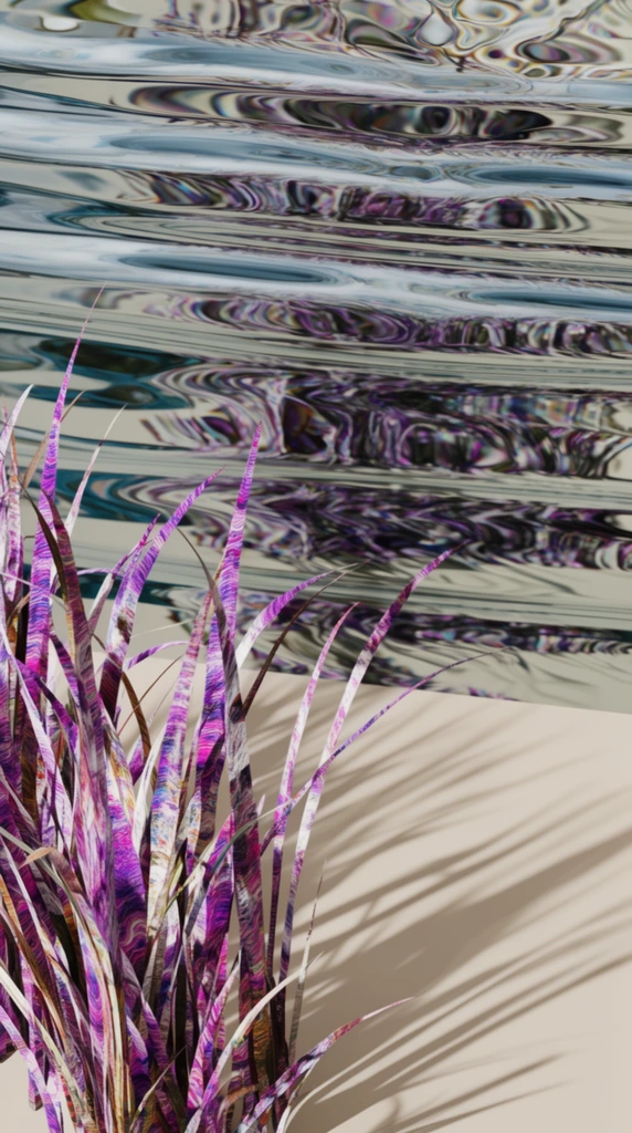 Tall grasses anchor the lower left foreground of a surreal, hyper-realistic studio composition, exhibiting hyper-detailed, artificially saturated textures with vivid purple, magenta, and white organic striations. Behind the grasses, a solid body of water completely fills the background, functioning as a severe optical lens that creates intense horizontal warping, structural banding, and extreme liquid magnification of the space within it. Crisp, high-contrast refractive reflections dominate the top edge of the water, bending light into sharp, deeply distorted mirrored bands. Hard, direct studio lighting illuminates the scene, projecting stark, elongated diagonal shadows from the grasses onto a flawless, seamless beige surface. The visual execution merges clinical, minimalist product photography with digital surrealism, characterized by an infinite depth of field, pristine macroscopic rendering, and a striking juxtaposition between the wildly chromatic, psychedelic coloring of the organic matter and the stark, neutral backdrop.