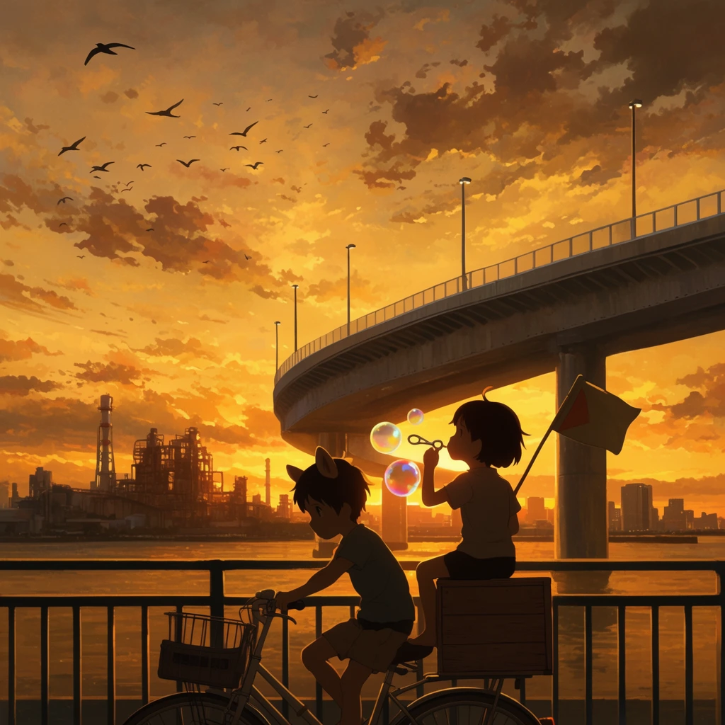Silhouetted children riding a bicycle along a waterfront railing, front child pedaling with small animal ears, rear child sitting on a wooden box blowing iridescent bubbles and holding a small flag, sweeping curved concrete highway overpass with tall streetlights spanning the water, distant industrial factory complex and city skyline, dramatic golden hour sunset sky with scattered clouds and a flock of flying birds, cinematic anime illustration style, atmospheric backlighting, rich warm amber and orange color palette