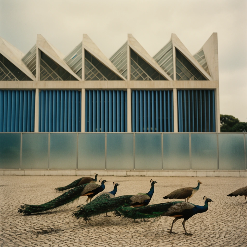 A geometric modernist building features large triangular skylights and vertical blue slats, situated behind a frosted glass barrier. Several peacocks stroll across a cobblestone plaza in the foreground. Muted cinematic film photography.
