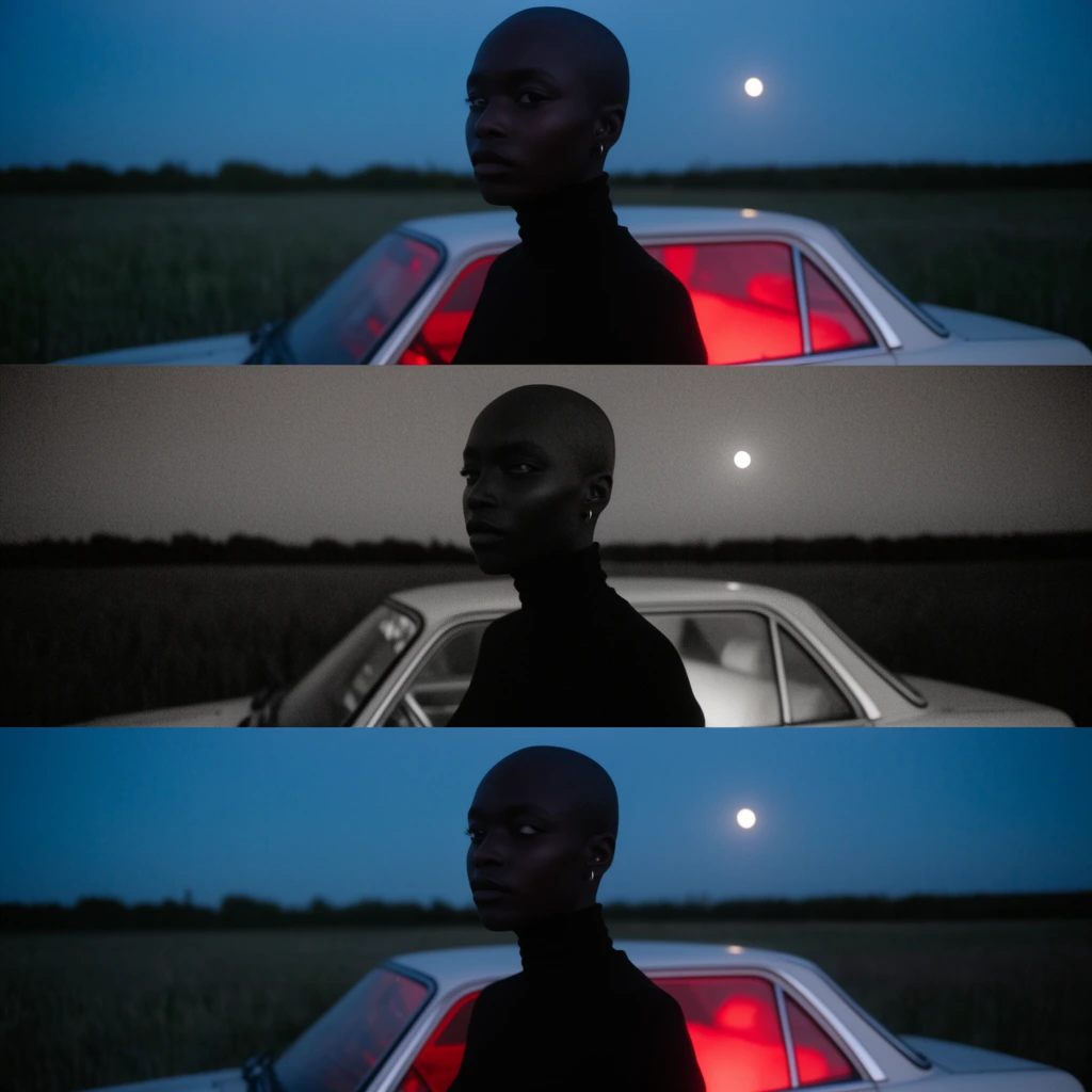 A cinematic vertical triptych of a dark-skinned person with a shaved head in a black turtleneck standing in a twilight field. The top and bottom color panels contrast cool atmospheric tones with an intense neon red glow inside a vintage white car parked behind them. The middle panel renders a similar pose in grainy black and white. A solitary bright moon hangs above a dark, distant treeline, enhancing the moody, low-light photography aesthetic.