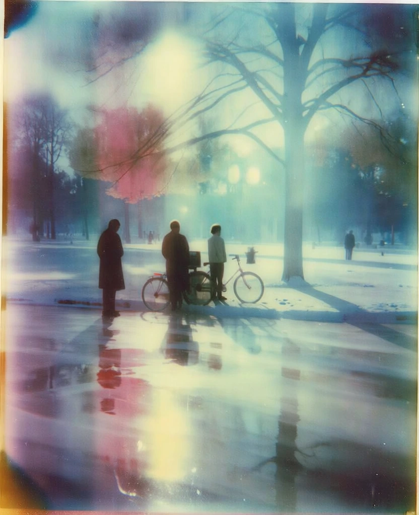 dreamlike vintage polaroid aesthetic, soft hazy focus with cinematic grain, cool cyan and pale yellow color palette with subtle magenta undertones, individuals in a wide snow-covered park next to a bicycle and a lone tree, glowing atmospheric lighting with a soft bloom effect, reflective frozen ground mimicking a polished floor, ethereal and contemplative mood, high-key highlights with deep shadows, shot through a distorted lens, lomo photography style, low fidelity film grain textures.