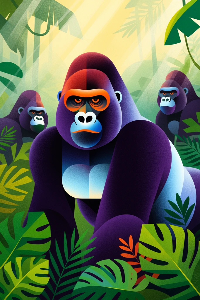 massive stylized silverback gorilla, geometric vector illustration, deep purple body with orange and icy blue facial highlights, textured gradient shading, two smaller gorillas in midground, lush tropical jungle, overlapping geometric monstera and fern leaves, diagonal sun rays piercing misty canopy, hazy yellow background, grainy texture overlay, mid-century modern flat graphic aesthetic
