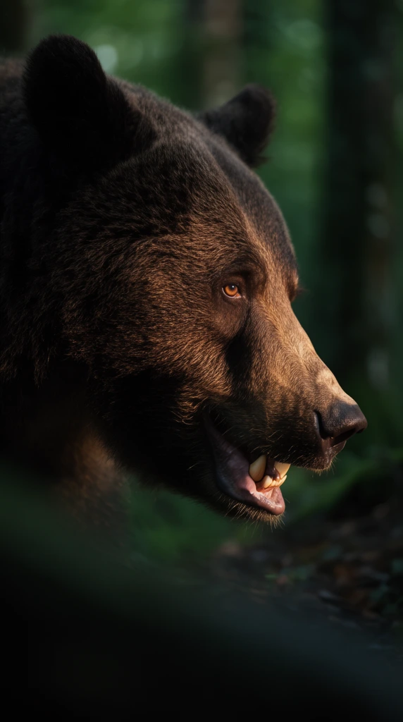 A tight profile close-up of a brown bear facing right, mouth slightly ajar revealing teeth. Dramatic side lighting illuminates coarse dark fur and a piercing amber eye. The subject is framed by blurred foreground shadows against a moody, out-of-focus green forest background.