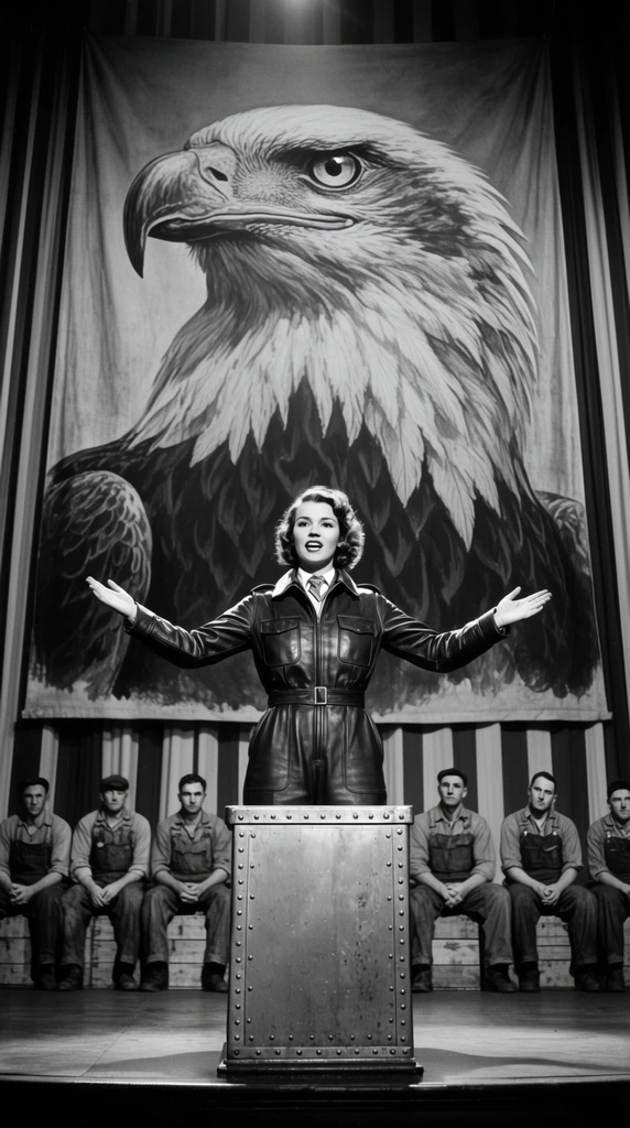 A female aviator in a leather flight suit stands at center stage with arms spread wide behind a riveted metal pedestal. Behind her, framed by thick vertically striped curtains, hangs a towering canvas mural displaying the gigantic profile of a fierce eagle gazing to the side. Below the massive artwork, a row of mechanics in overalls sit silently on wooden crates. The scene is captured in high-contrast black and white photography with a dramatic low-angle perspective, utilizing deep focus and stark theatrical spotlighting to emphasize the monumental scale disparity between the energetic speaker and the colossal backdrop.