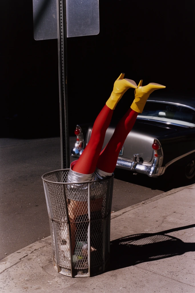 A person wearing bright red tights, pointed yellow boots, and metallic silver shorts is diving headfirst into a wire mesh street trash can. Only their legs and lower torso protrude upward. The scene takes place on a concrete sidewalk corner bathed in harsh, direct sunlight that casts stark black shadows. A metal signpost stands behind the bin. A vintage car with chrome bumpers rests in the deeply shadowed, almost pitch-black street background. The high-contrast street photography captures a surreal, humorous moment.