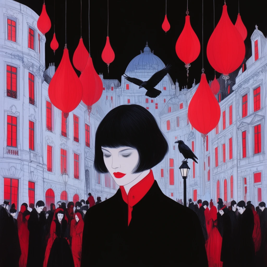 A pale woman with a short black bob stands before a crowded gothic city street illuminated by vibrant red floating lanterns against a pitch-black sky. She wears a black coat with a high red collar, looking downward with striking red lips. Behind her, a melancholic crowd in black and crimson gathers between tall, pale bluish-white buildings. The architecture features classical details and windows radiating an intense red glow. Large teardrop-shaped red lanterns hang by thin strings from above. A black raven perches on a streetlamp, and another flies toward a domed background structure. This stylized illustration utilizes a restricted palette of stark black, vivid crimson, and pale blue-white, employing fine line work and flat color blocking to create a surreal, highly symmetrical theatrical atmosphere.