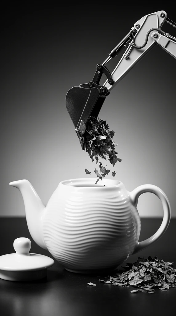 miniature mechanical digger arm suspending dry loose leaves in its bucket over an open white ceramic teapot, black and white macro photography, ribbed wave texture on teapot, ceramic lid resting on dark smooth surface to the left, small spill of dry leaves on the right, dramatic studio lighting, smooth gradient background, surreal juxtaposition, high contrast monochrome