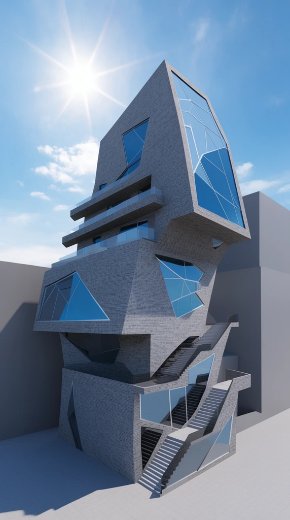 angular asymmetrical modern building, 3D architectural render, gray brick exterior, cantilevered volumes, geometric blue-tinted windows, terraced balconies, exterior stairs, smooth gray context buildings, bright blue sky, sun flare
