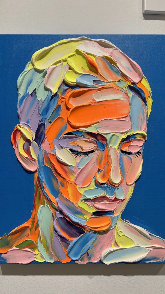 A vibrant impasto oil painting of a person’s head and shoulders is set against a solid blue background. The portrait depicts a person with their head tilted slightly downward and turned toward the right, with their eyes closed. The entire face, hair, and neck are constructed from thick, raised layers of paint in a spectrum of colors including bright orange, lemon yellow, light pink, sky blue, lavender, and mint green. These individual strokes are heavy and textured, with prominent ridges and furrows created by a palette knife or a loaded brush. A large, horizontal orange stroke dominates the forehead area, while a mix of yellow and white paint forms the top of the head. The facial features are defined by the direction and color of the paint applications; for example, the nose is shaped by vertical strokes of orange, pink, and blue, and the closed eyes are marked by thin, dark horizontal lines. The portrait is centered on a flat, rectangular blue surface, which sits against an off-white wall. In the extreme upper right corner, a small portion of a white rectangular wall fixture is visible. The lighting is bright and direct, casting small shadows within the thick textures of the paint to emphasize its three-dimensional quality. The color palette is highly expressive and non-naturalistic, focusing on the physical application of the medium.