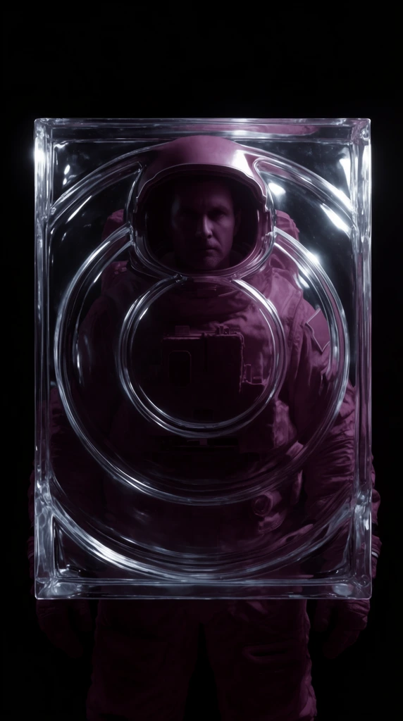 A man in a space suit encased behind a thick, geometrically structured transparent barrier. The perfectly centered subject is set against a stark, pitch-black background. The man and his textured space suit are rendered in deep, monochromatic purplish-crimson tones, enveloped in heavy, dramatic shadows. A rigid, clear overlay dominates the foreground, featuring sharp rectangular outer edges and concentric circular ridges that optically distort the figure beneath. Piercing, icy-white specular highlights gleam across the glossy, refractive surfaces of this structural transparent layer. High-contrast studio lighting creates a hyper-realistic, clinical atmosphere, emphasizing the stark juxtaposition between the luminous, glass-like encasement and the dark, bruised magenta hues of the isolated subject within the absolute dark void.