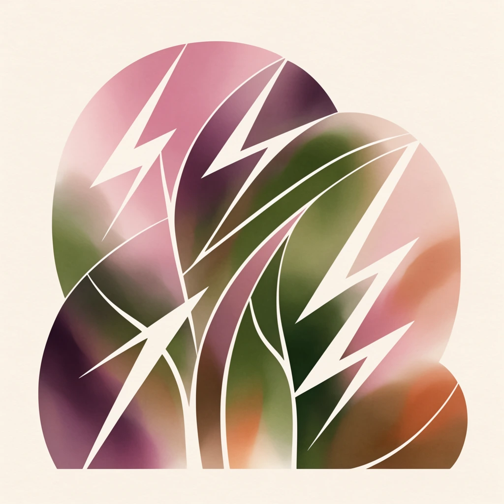 Multiple stylized lightning bolts striking over an abstracted dark forest, composed of elegant, sweeping geometric forms and crisp cut-out silhouettes filled with soft airbrushed gradients. The lightning bolts are formed by sharp, fluid pure white lines slicing diagonally through large, overlapping, abstracted shapes forming the forest canopy. The tree forms feature razor-sharp outer edges containing smooth, blurred internal color transitions of dusty rose, plum, warm olive green, and soft copper. These muted, ethereal hues bleed together in a voluminous, translucent watercolor-style effect within the strict boundaries of the foliage. Thin, graceful white curves delineate the overlapping segments of the woodland shapes, contrasting with the angular strikes of the lightning. The abstracted forest and lightning composition sits centrally against a flat, warm cream background. A subtle, uniform matte paper grain textures the entire image, emphasizing a sophisticated stencil aesthetic combining flat graphic design with soft, ethereal color shading.