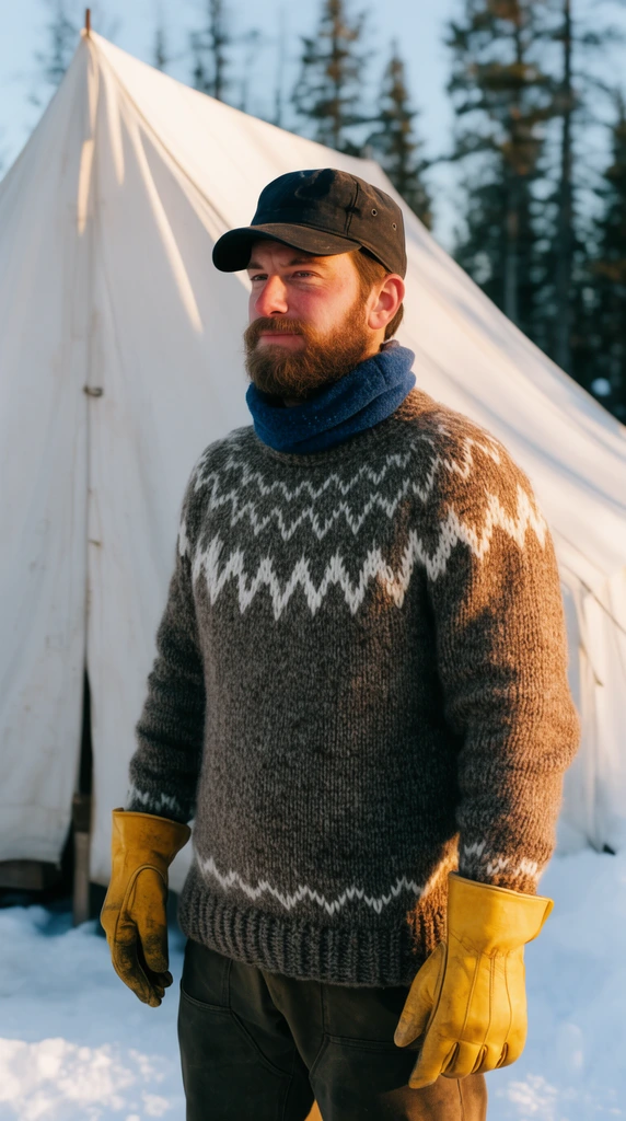 bearded man in snow, thick brownish-grey knit sweater with white zigzag pattern, yellow leather work gloves, dark cap, blue neck gaiter, white canvas tent background, warm winter sunlight