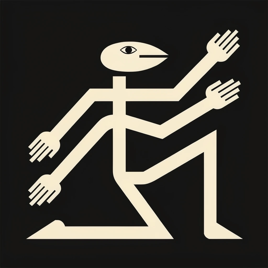 A minimalist vector illustration of an abstract, multi-limbed humanoid figure in pale cream against a stark black background. Constructed from uniform, interlocking geometric lines, the flat design evokes mid-century modern graphic simplicity. The head is a solid oval with a beak-like profile and a single dark eye. The torso branches into dynamic appendages, featuring diagonally outstretched arms with simplified hands and legs in straight, kneeling, and elevated postures. The high-contrast, monochromatic composition emphasizes the figure's precise, labyrinthine structure and stylized sense of fragmented motion.