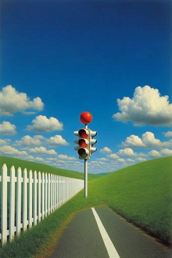Surreal Pastoral Minimalism style reference image — saturated cobalt sky