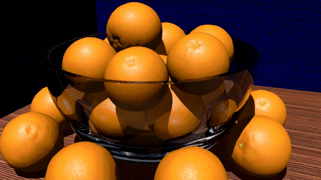 lo-fi late-90s cgi rendering, oranges in a thick translucent glass bowl, early digital ray-tracing aesthetic, sharp artificial specular highlights, primitive low-poly fruit with high-saturation procedural textures, hard-edged direct shadows, aliased edges, phong shading, deep blue and vivid orange color palette, minimalist studio composition, procedural linear wood grain tabletop, nostalgic 32-bit aesthetic, high-contrast moody lighting, uncanny valley materiality, simple 3d primitives.