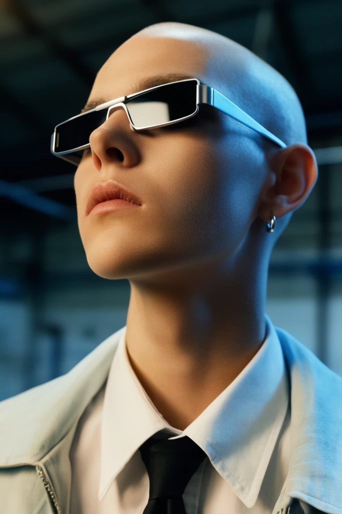 close-up portrait of a bald androgynous fashion model, wearing futuristic narrow rectangular silver-framed sunglasses, crisp white collared shirt, black tie, light jacket, small silver hoop earring, stoic expression, upward chin tilt, cinematic lighting, warm key light contrasting with cool blue rim light, blurred industrial background, editorial style