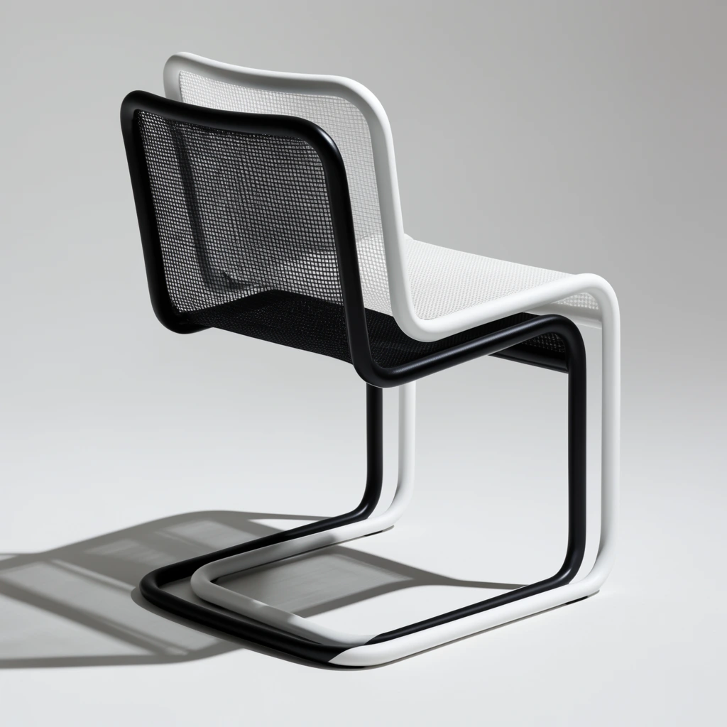 Two nested minimalist cantilever chairs, one black and one white, sit against a seamless light grey studio backdrop. Featuring continuous tubular frames and mesh seating, they are captured from a rear three-quarter angle. Hard directional lighting casts a stark geometric shadow to the lower left.