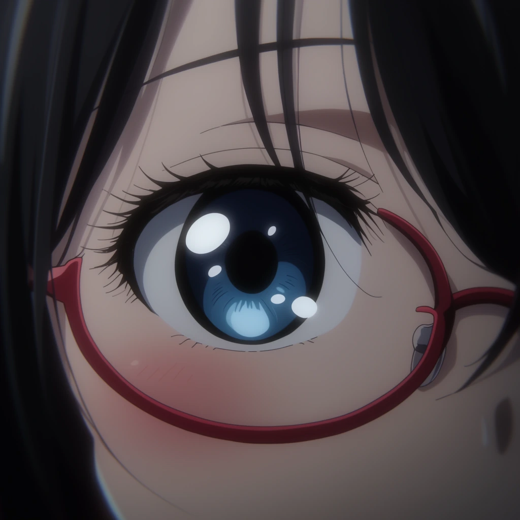 extreme close-up of an anime eye, vivid blue iris with bright white circular reflections, deep black pupil, prominent dark eyelashes, thin red wireframe glasses resting on pale skin, faint pink blush on the cheekbone, sleek black hair strands framing the face and falling loosely across the forehead, 2D animation illustration style, soft cinematic lighting, smooth gradient shading, moody atmosphere, sharp focal precision, emotive gaze