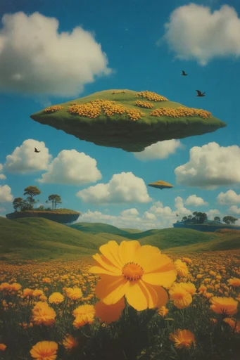 Surrealist Retro Pastoralism style reference image — golden hour lighting