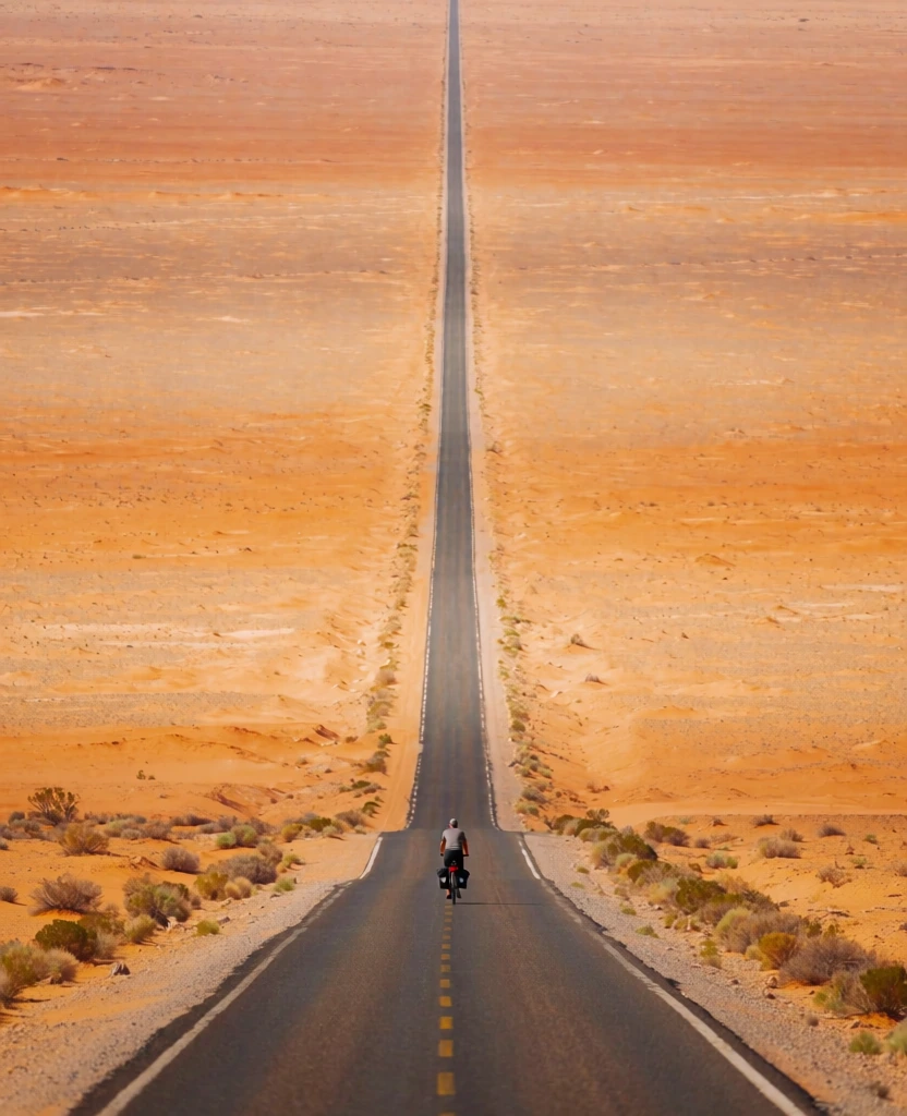 A lone cyclist travels along a narrow, perfectly straight asphalt road that bisects a vast, monochromatic orange desert landscape and stretches toward a distant horizon. In the lower-middle foreground, the small figure of a cyclist on a dark bicycle, seen from behind, pedals away from the viewer. The bicycle is equipped with dark-colored panniers over the rear wheel. The road itself is dark grey asphalt, featuring a faded yellow dashed centerline and solid white lines marking its outer edges. This road extends in a straight vertical line from the bottom edge of the frame through the center, narrowing to a thin point as it recedes into the extreme distance. The surrounding environment is an expansive, arid plain dominated by varying shades of orange, ochre, and pale tan earth. In the immediate foreground, sparse, low-lying green and brown desert shrubs dot the sandy soil on either side of the pavement. As the road moves further away, the terrain flattens, and subtle horizontal bands of color become smoother and more uniform, creating a layered, textured effect across the vast space. The image utilizes a telephoto perspective to compress the distance, causing the road to appear as a vertical stripe that dominates the frame. The camera angle is elevated, looking down the length of the road toward a high, indistinct horizon. The lighting is soft and even, highlighting the warm, earthy tones of the desert and casting no distinct shadows, while the overall composition is highly symmetrical and focused on the central axis of the road.