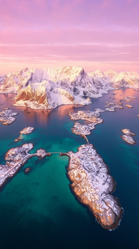 panoramic aerial view of a snowy mountain archipelago, deep turquoise ocean water, rugged white peaks in golden light, small interconnected islands with bridges, pastel pink and purple sunset sky