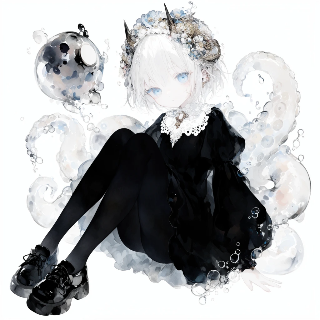 pale anime girl, short white hair, blue eyes, black dress, white lace collar, black tights, chunky shoes, ornate floral headpiece with small horns, floating translucent tentacles, liquid bubbles, abstract spherical companion, delicate digital watercolor style, high contrast, pure white background