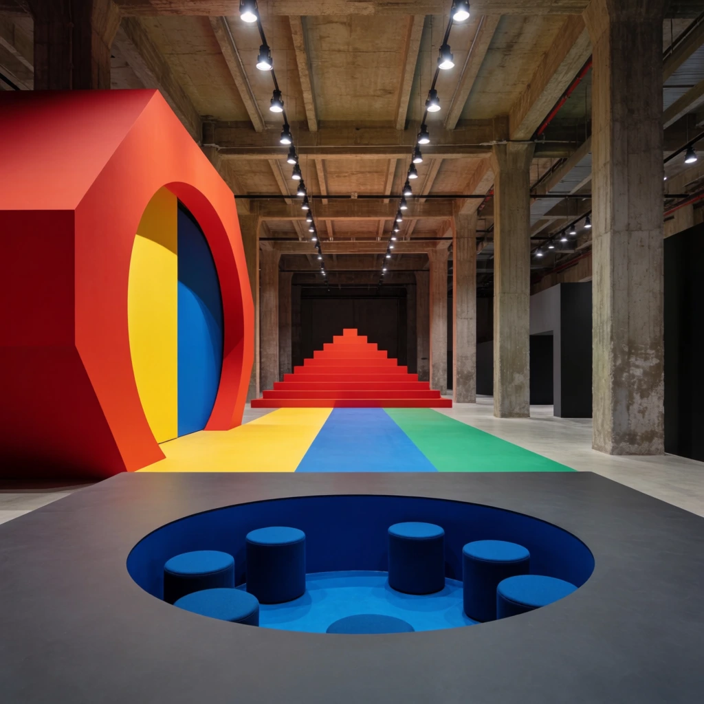 A Bauhaus-inspired geometric installation within a cavernous industrial warehouse framed by raw concrete pillars and exposed ceilings. The foreground features a dark grey platform with a recessed circular blue pit containing small cylindrical seats. To the left stands a massive red hexagonal structure with a circular portal revealing bright yellow and blue panels. Wide floor stripes of vivid yellow, blue, and green lead to a stepped red pyramid in the midground. Overhead track lighting provides even illumination, highlighting the deep perspective and striking contrast between the bold primary-colored architectural forms and the stark concrete environment.