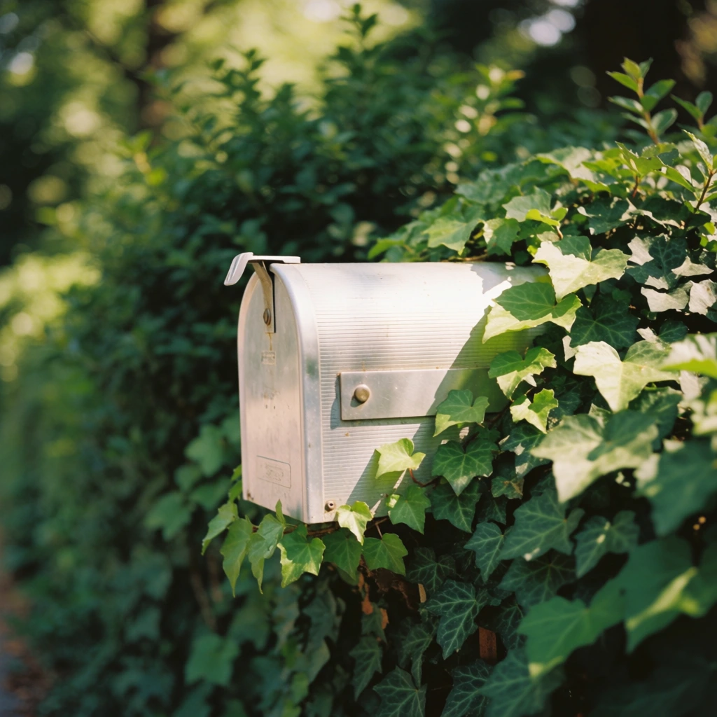 A silver metallic tunnel-shaped mailbox is partially engulfed by vibrant green climbing ivy and dense leafy shrubs. The aluminum surface features horizontal ridges and a small metal top latch, with sunlit broad leaves creeping up the right side and front edge to cast soft shadows. The background is a dense, out-of-focus thicket of deep green foliage rendered with a shallow depth of field and soft bokeh. The lighting is warm natural daylight filtering through an overhead canopy, lending the scene a nostalgic, faded analog photography aesthetic with muted contrast and rich organic textures.