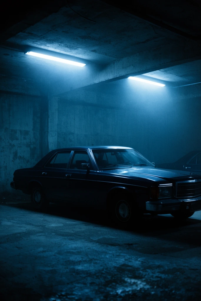 Dark classic sedan in a shadowy concrete garage, two bright fluorescent ceiling lights, cold cinematic blue glow, atmospheric haze, deep neo-noir shadows