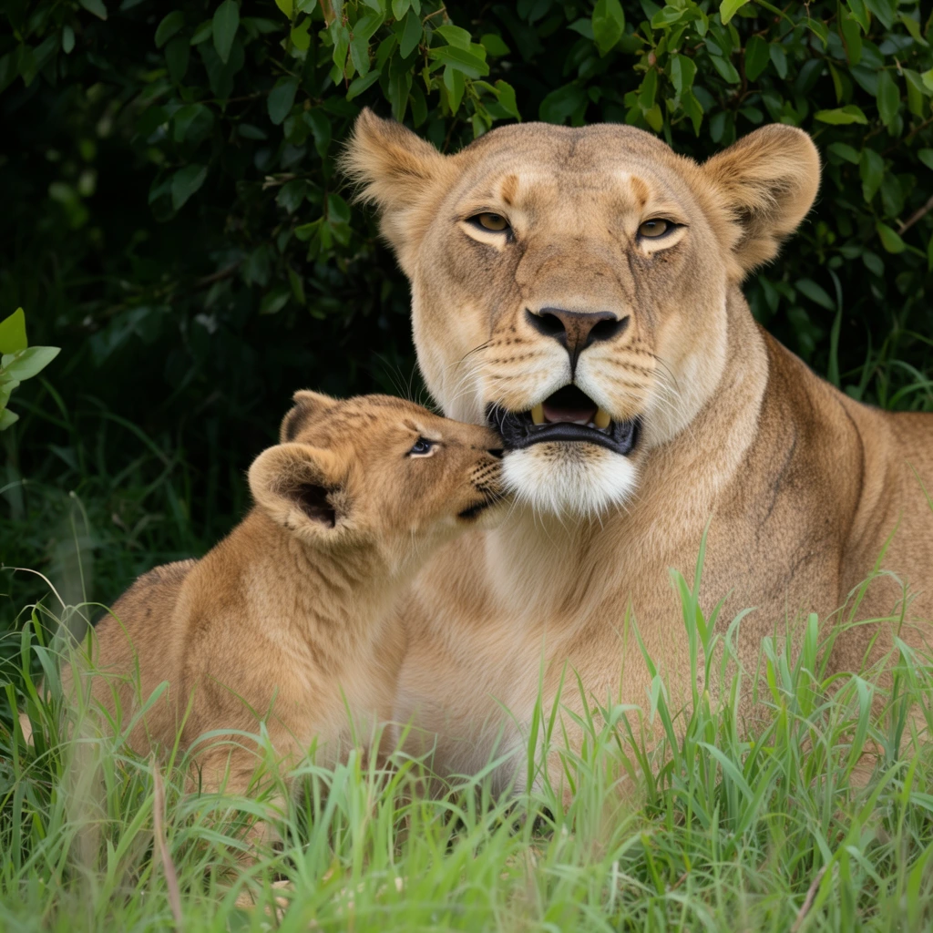 Adult lioness resting in tall green grass, small lion cub affectionately nuzzling against her chin, mother lion looking forward with a serene expression and slightly open mouth, tawny sand-colored fur contrasting with vibrant green foliage, dense leafy bushes in the dark background, soft natural daylight, shallow depth of field, sharp focus, wildlife photography, medium close-up