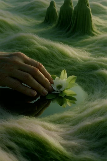 Velvet Verdant Surrealism style reference image — undulating emerald landscape