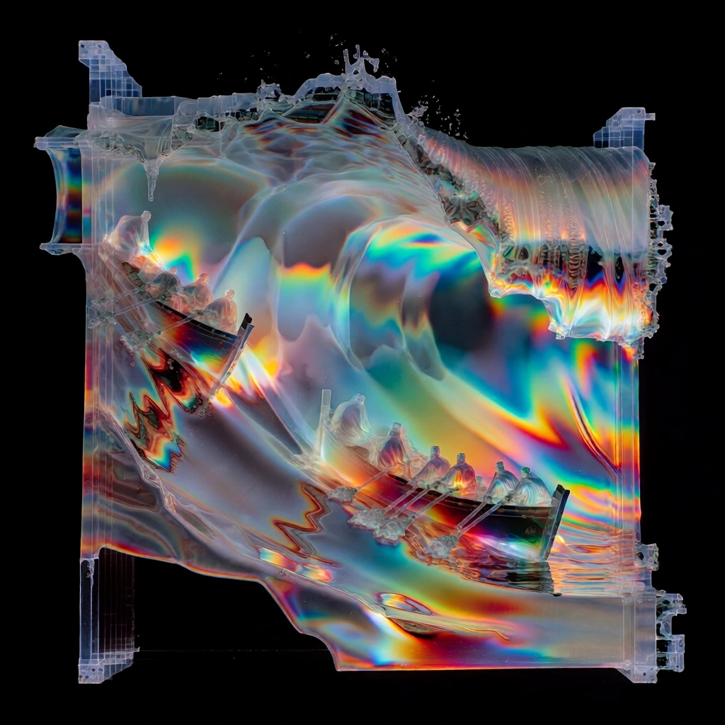 several long wooden boats with many rowers caught in a massive wave, rendered with a photoelasticity aesthetic, translucent iridescent textures, prismatic light dispersion, vibrant holographic spectrum, deep black background, liquid-like fluid dynamics, intricate refractive crystalline structures, structural artifacts along edges, organic undulating forms, ethereal light refraction, high-gloss high-contrast finish, shimmering spectral highlights, digital-organic hybrid style, backlit
