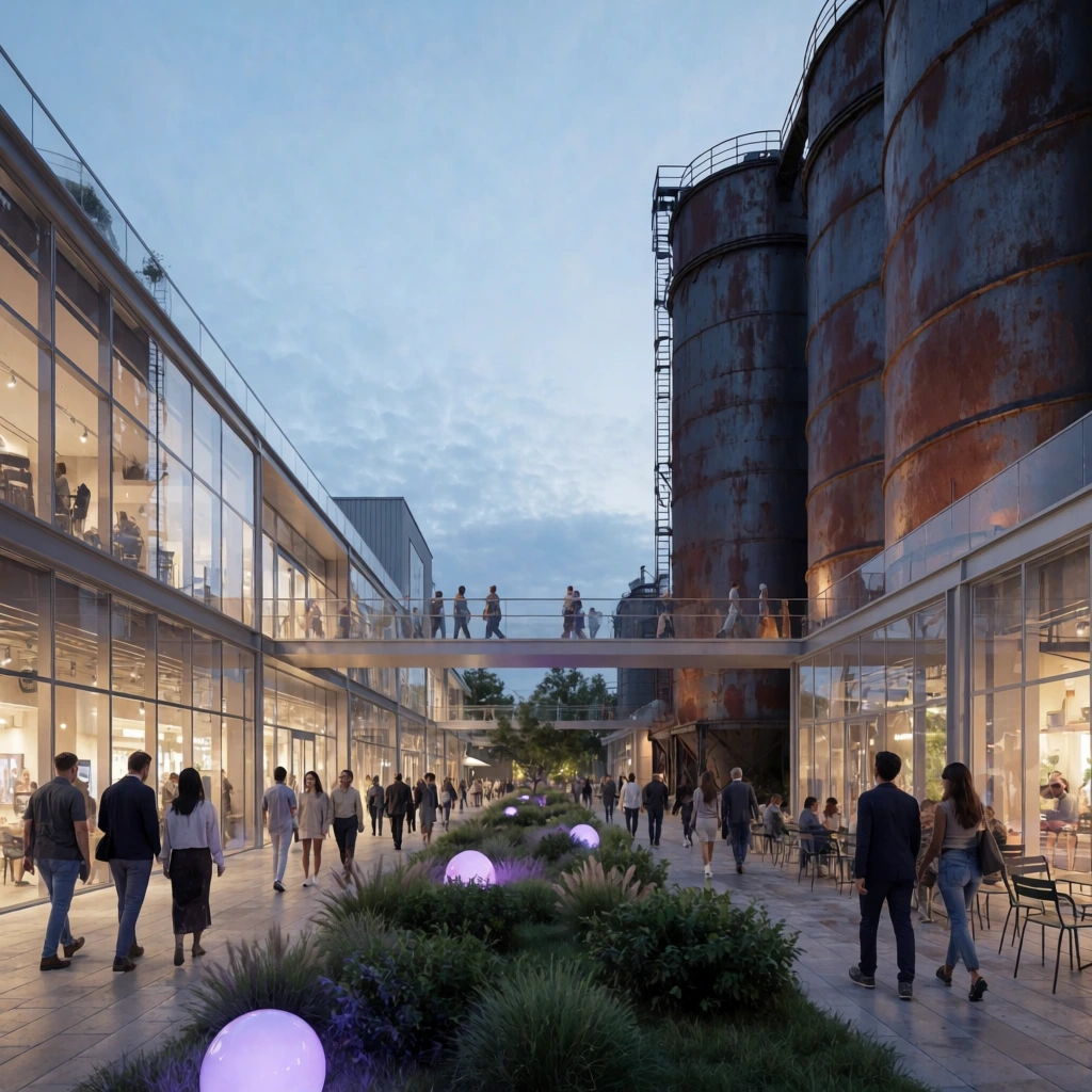 modern outdoor commercial promenade at twilight, diverse people walking along a paved pathway, central landscaped median with green shrubs and glowing purple orb lights, brightly lit multi-story glass-fronted buildings, elevated pedestrian walkway, massive weathered rust-colored industrial silos towering on the right, outdoor seating with metal chairs, soft blue twilight sky, photorealistic architectural rendering, striking juxtaposition of sleek contemporary glass and aged industrial metal