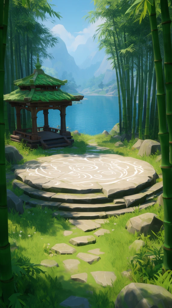 A stylized 3D rendering of a vibrant bamboo forest clearing by a blue lake. A wooden pavilion with a green roof sits opposite a tiered stone platform etched with glowing white patterns. Lush grass, stepping stones, and tall bamboo frame distant hazy mountains under sunny atmospheric lighting.