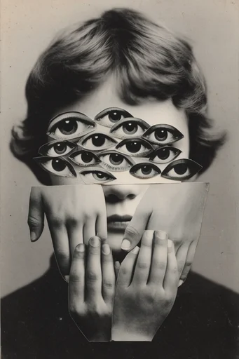 Monochrome Surrealist Montage style reference image — chiaroscuro lighting