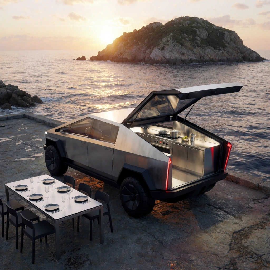 An angular stainless-steel vehicle on a rocky coastal pier features an open rear cabin functioning as an illuminated mobile kitchen with sleek countertops and cookware. A nearby minimalist dining table is set for six. The setting sun glows behind a rugged ocean island, casting warm golden reflections across the rippling water in a photorealistic cinematic composition.