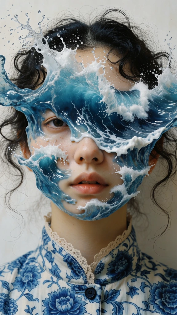 A surreal close-up portrait depicts a young woman whose face is partially enveloped by dynamic, crashing ocean waves. The waves, rendered in deep cerulean blue and frothy white, erupt across her forehead and eyes, scattering fine droplets and bubbles outward in a frozen moment of motion. The water has a viscous, glossy texture that blends seamlessly into the woman's pale skin, with smaller crests of foam appearing on her cheeks. Her dark, thin, curly hair spills out from behind the water, intertwining with the liquid shapes. Below the waves, her nose, slightly parted lips, and chin are visible, showing a calm expression. She wears a high-collared garment featuring an intricate blue and white floral pattern reminiscent of traditional porcelain, finished with a delicate lace trim and a small dark circular button at the base of the neck. The background is a flat, neutral off-white surface that emphasizes the complex textures of the water and the garment. The lighting is soft and diffused, highlighting the reflective surfaces of the water droplets and the smooth contours of her face. The composition is centered and frontal, capturing a high level of detail in both the human features and the fantastical, sculpted water elements.