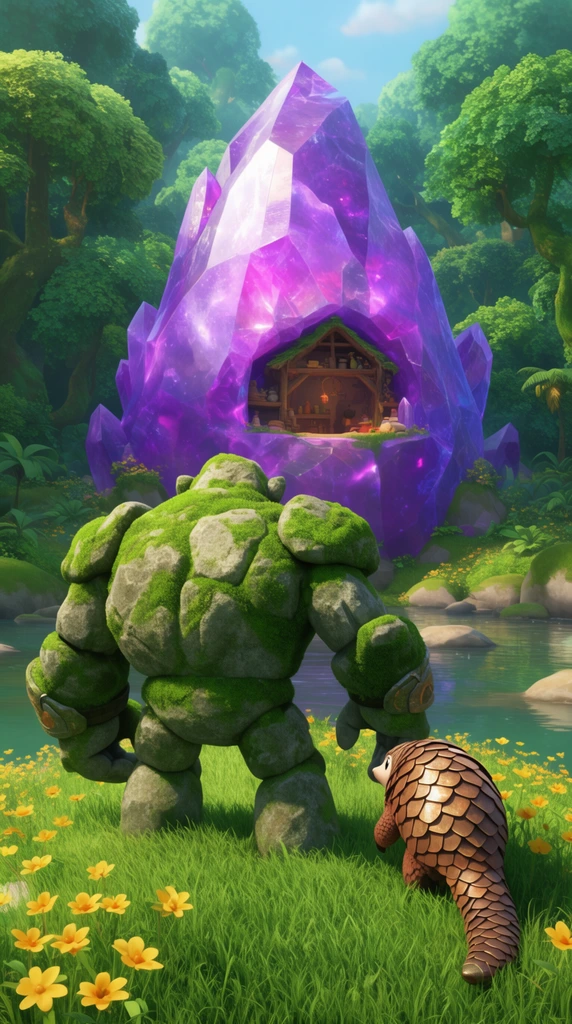 Hulking moss-covered stone golem, small armored pangolin companion, standing on a vibrant grassy hill dotted with yellow wildflowers, looking down at a dwelling carved into a massive glowing purple crystal, lush dense green forest environment, calm river in the background, over-the-shoulder perspective, bright daytime lighting, 3D animated cinematic style, rich textures, vibrant color palette