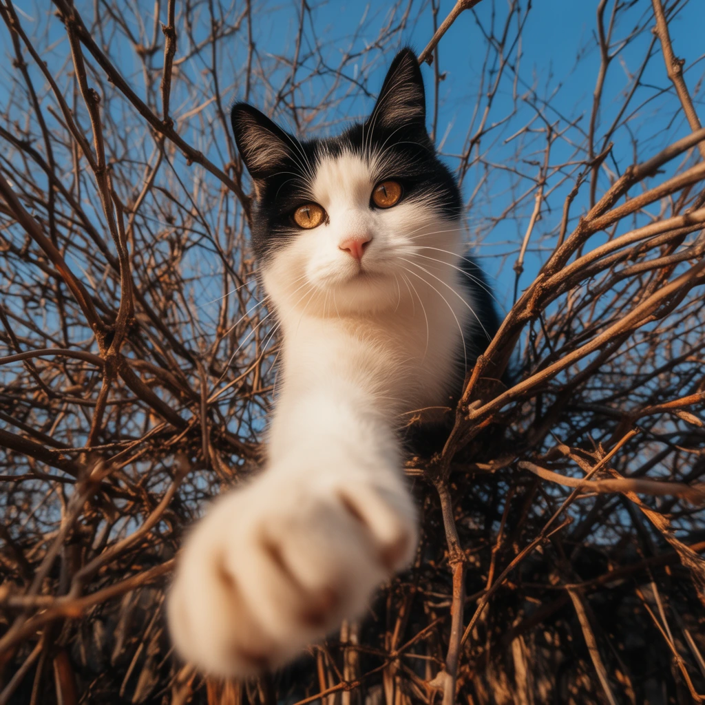A black and white cat reaches a white paw forward through tangled bare branches against a bright blue sky. Viewed from an extreme low angle, the feline features a white face, black ears, and amber eyes peering intensely through the twigs. Warm sunlight highlights the intricate brown branches, emphasizing the deep perspective between the slightly blurred, extended foreground paw and the sharply focused face.