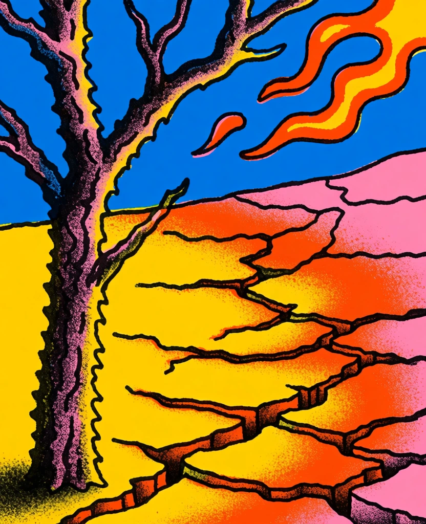 a stylized illustration of a gnarled tree trunk on vibrant yellow cracked earth, bold retro pop art style with heavy black outlines, flat blue sky with orange flame-like wisps, parched ground with deep orange and pink crevices, grainy stippled textures, halftone shading, saturated primary colors, minimalist oblique composition, expressive hand-drawn linework, high-contrast aesthetic, evocative of vintage comic prints and modern brand identity systems.