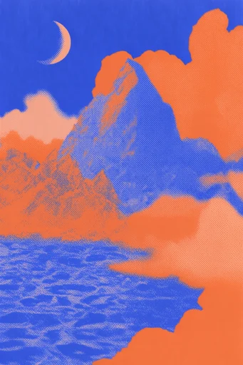 Retro Surrealist Pop style reference image — duotone screenprint