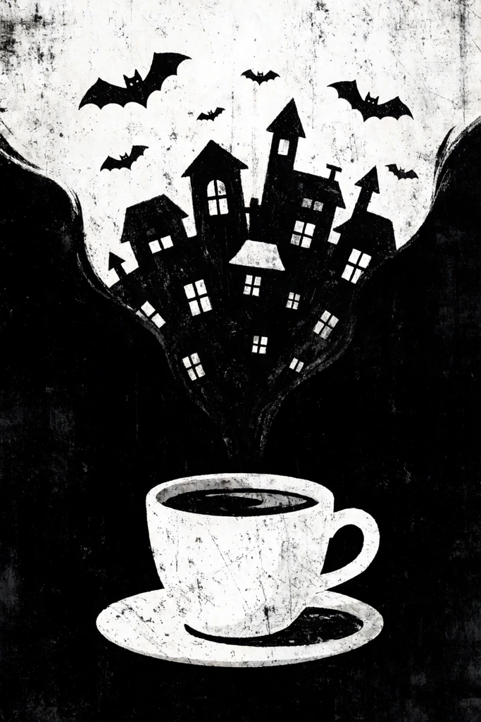 textured white coffee cup on a saucer, rising white steam transforming into a dense silhouetted village with flying bats, stark black background, high contrast monochromatic graphic illustration, distressed grunge texture, surreal concept