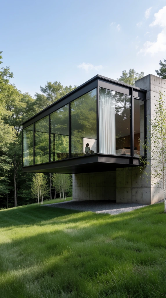 modernist cantilevered glass pavilion, black steel frame extending over a grassy slope, massive exposed concrete support walls, floor-to-ceiling windows reflecting trees, visible interior with a person and white curtains, gray gravel bed, slender birch saplings, dense forest background, blue sky, architectural photography, crisp daytime lighting, sharp geometric lines