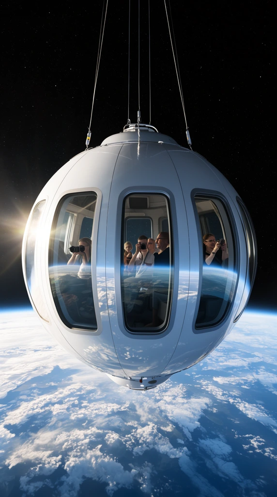 A spherical white space capsule suspended by thin tethers floats in the stratosphere against a starry black void. Large vertical panoramic windows reveal passengers taking photographs inside. The glossy metallic hull sharply reflects the glowing blue atmosphere and white cloud formations of Earth below. The curved planetary horizon contrasts with brilliant sunlight casting a lens flare across the capsule's left edge.