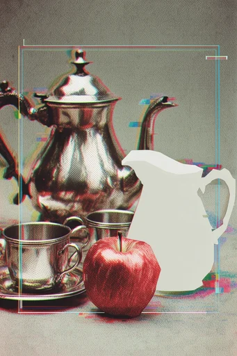 Analog Noir Glitch style reference image — halftone screen texture