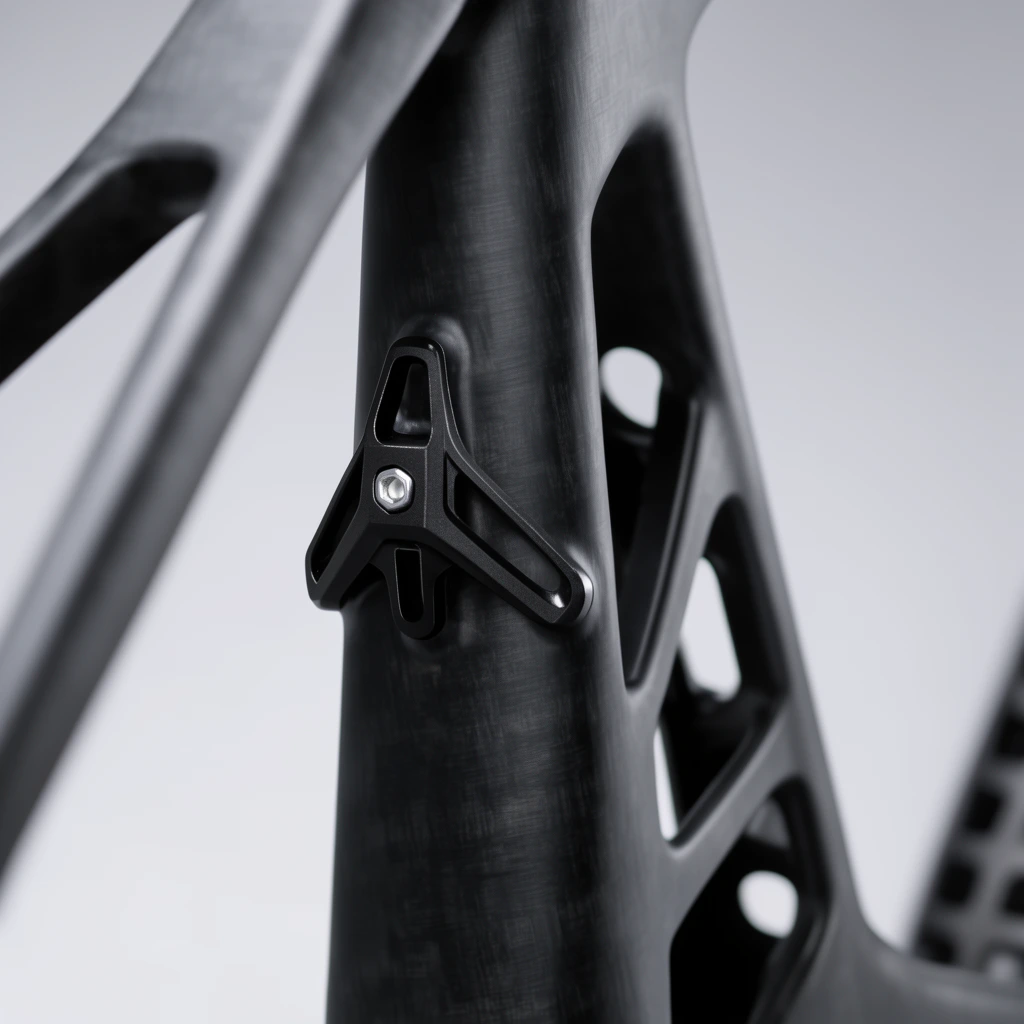 macro product photography, matte black carbon fiber bicycle frame detail, angular black mechanical bracket on a thick vertical tube, silver hex bolt, geometric cutouts, brushed surface texture, shallow depth of field, soft diffused lighting, blurred frame components, light gray background, minimalist monochromatic aesthetic