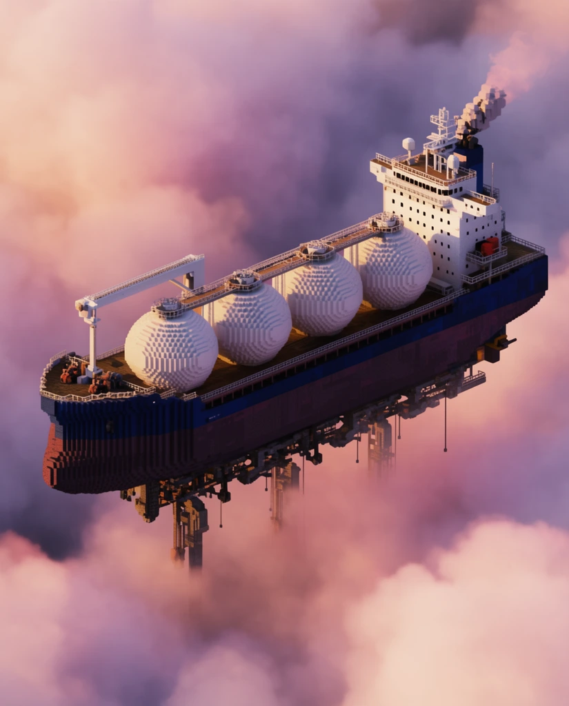 A massive voxel-style flying cargo ship floats amidst soft pink and purple clouds. The blocky vessel features a dark blue hull, a white stern superstructure, four spherical deck tanks, and a bow crane. Mechanical structures dangle beneath. Rendered with warm volumetric lighting.