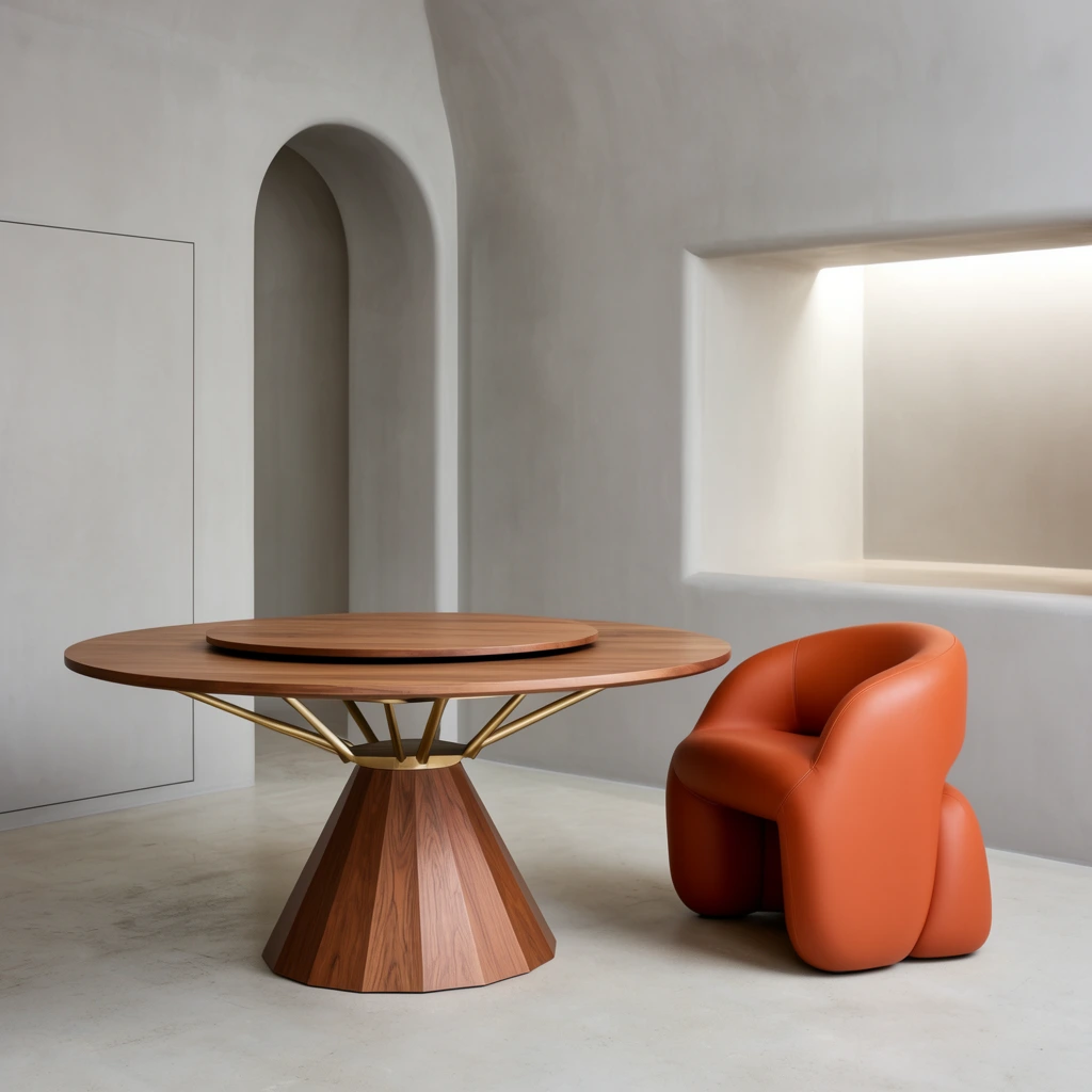 A round wooden dining table with a rotating center tray, supported by angled brass struts and a faceted conical wood base, stands next to a chunky, sculptural armchair upholstered in smooth burnt orange material with soft, rounded contours. The furniture occupies a minimalist room featuring smooth, matte, light grey plaster walls and a pale concrete floor. The sculptural architecture includes a deep arched doorway, a flush wall panel, and a deeply recessed, brightly lit rectangular niche. Soft, diffused lighting creates subtle gradients across the monochromatic architectural surfaces, boldly contrasting with the warm wood grain and vibrant terracotta tones of the central furnishings.