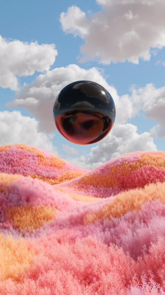 floating black reflective sphere, surreal rolling landscape, vibrant pastel pink and orange hills, dense fuzzy vegetation, fluffy clouds, bright blue sky, dreamlike 3D render, soft natural lighting